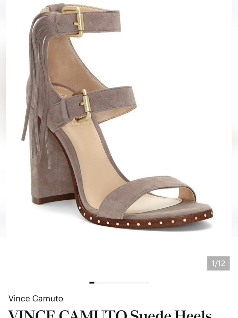Vince Camuto Taupe Suede Fringe Ankle-Strap Block Heels